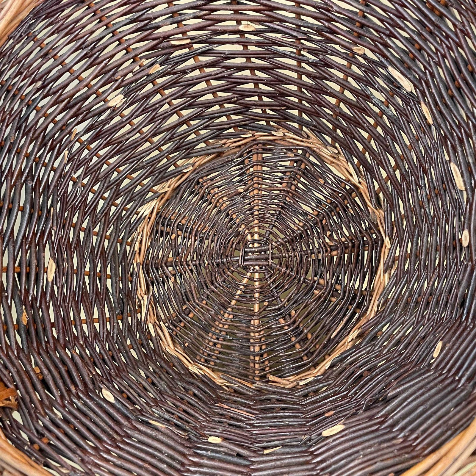 Vintage Round Basket Woven Wicker Brown Antique Storage Farmhouse Cottage Decor Large Cane Wood Handles Logs Fireplace Fire Side 2 Tone photo buy