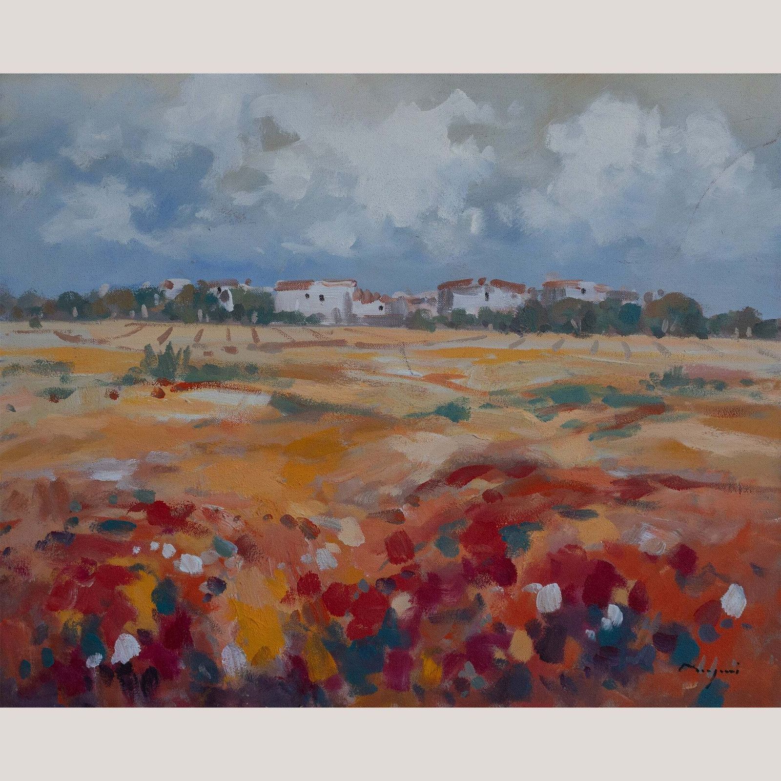 Wildflowers Landscape – Impressionistisch Olieverfschilderij, Gesigneerd