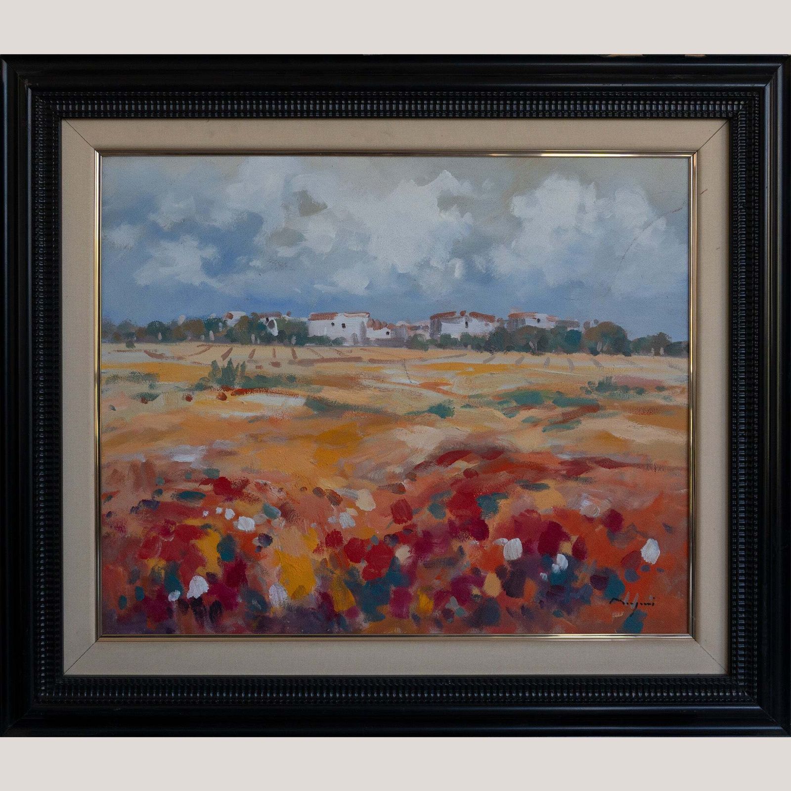 Wildflowers Landscape – Impressionistisch Olieverfschilderij, Gesigneerd photo furniture