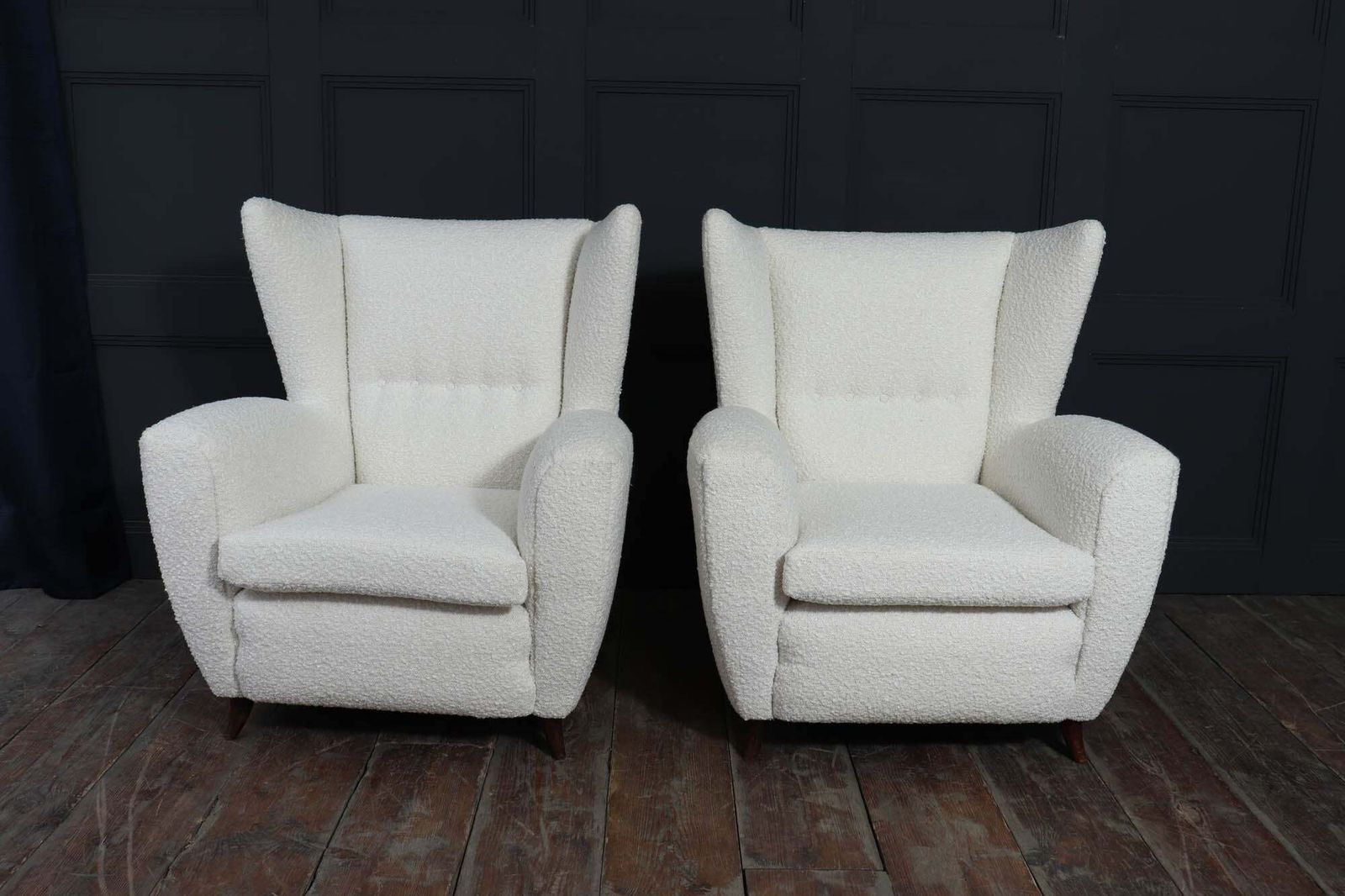 photo buy Pair Of Italian Mid Century Wingback Armchairs In Bouclé, C. 1950s