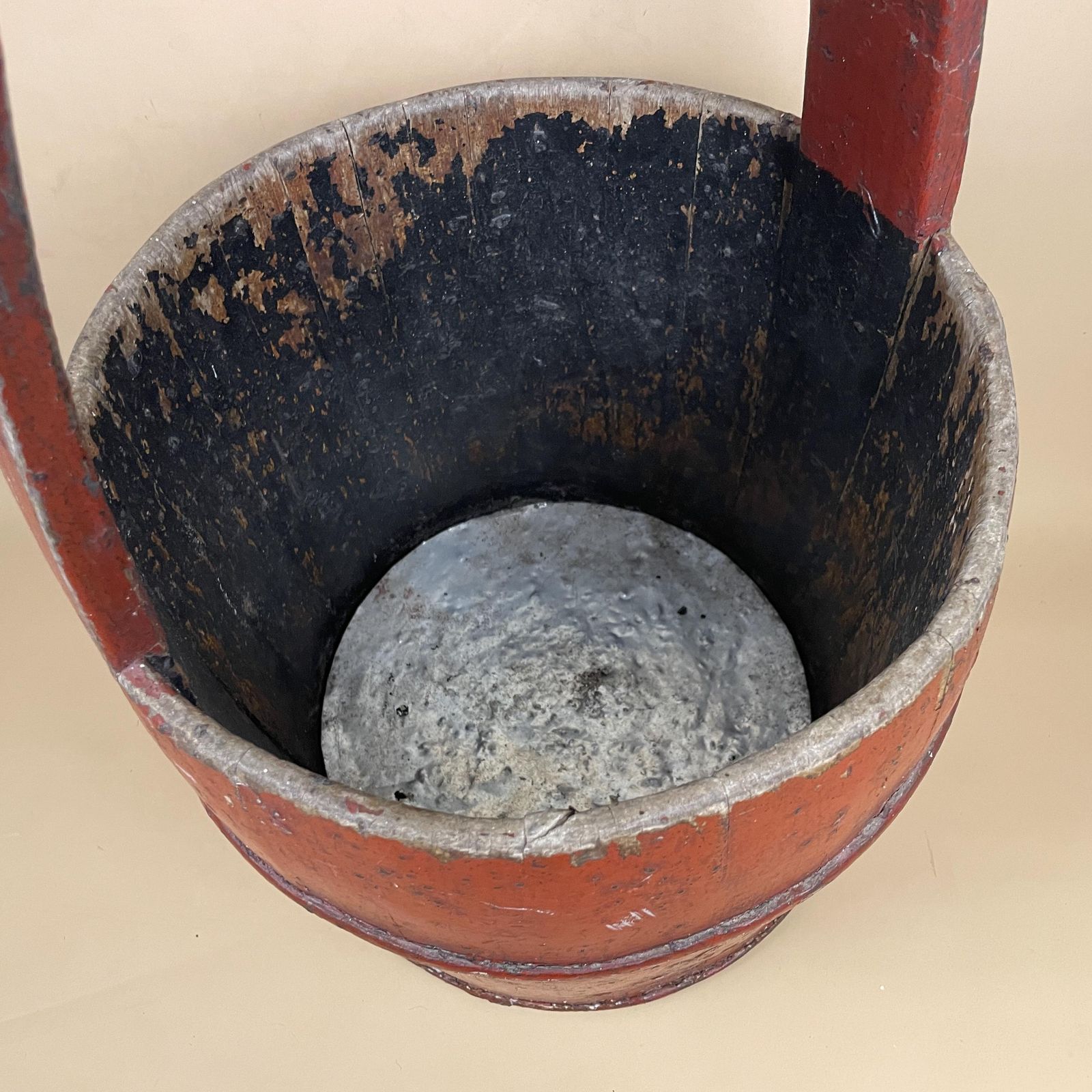 Antique Wooden Barrel Bucket With Handle Large Wall Planter Painted Red Wood Vintage Decorative Planting Bucket Old Aged photo for sale