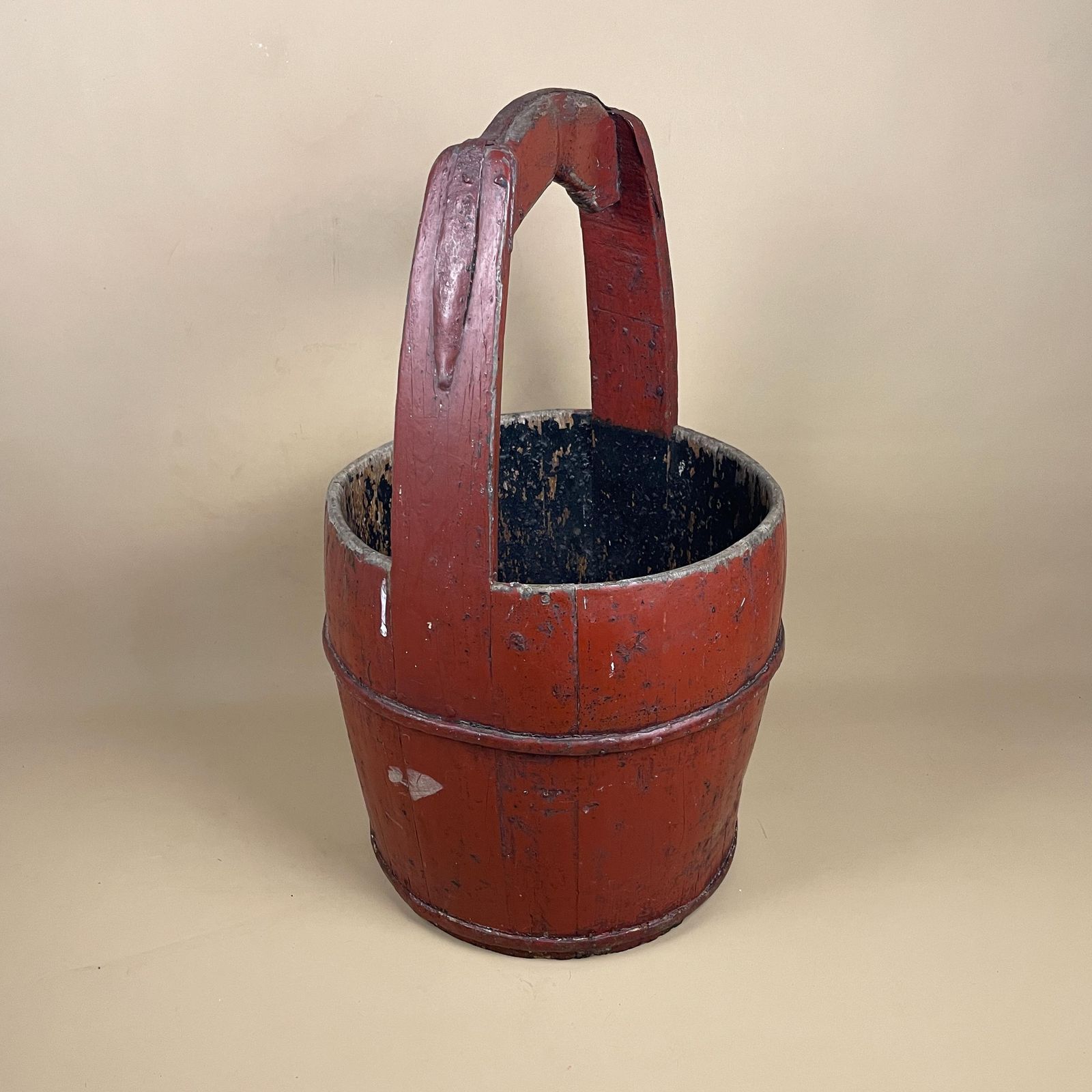 Antique Wooden Barrel Bucket With Handle Large Wall Planter Painted Red Wood Vintage Decorative Planting Bucket Old Aged photo vintage