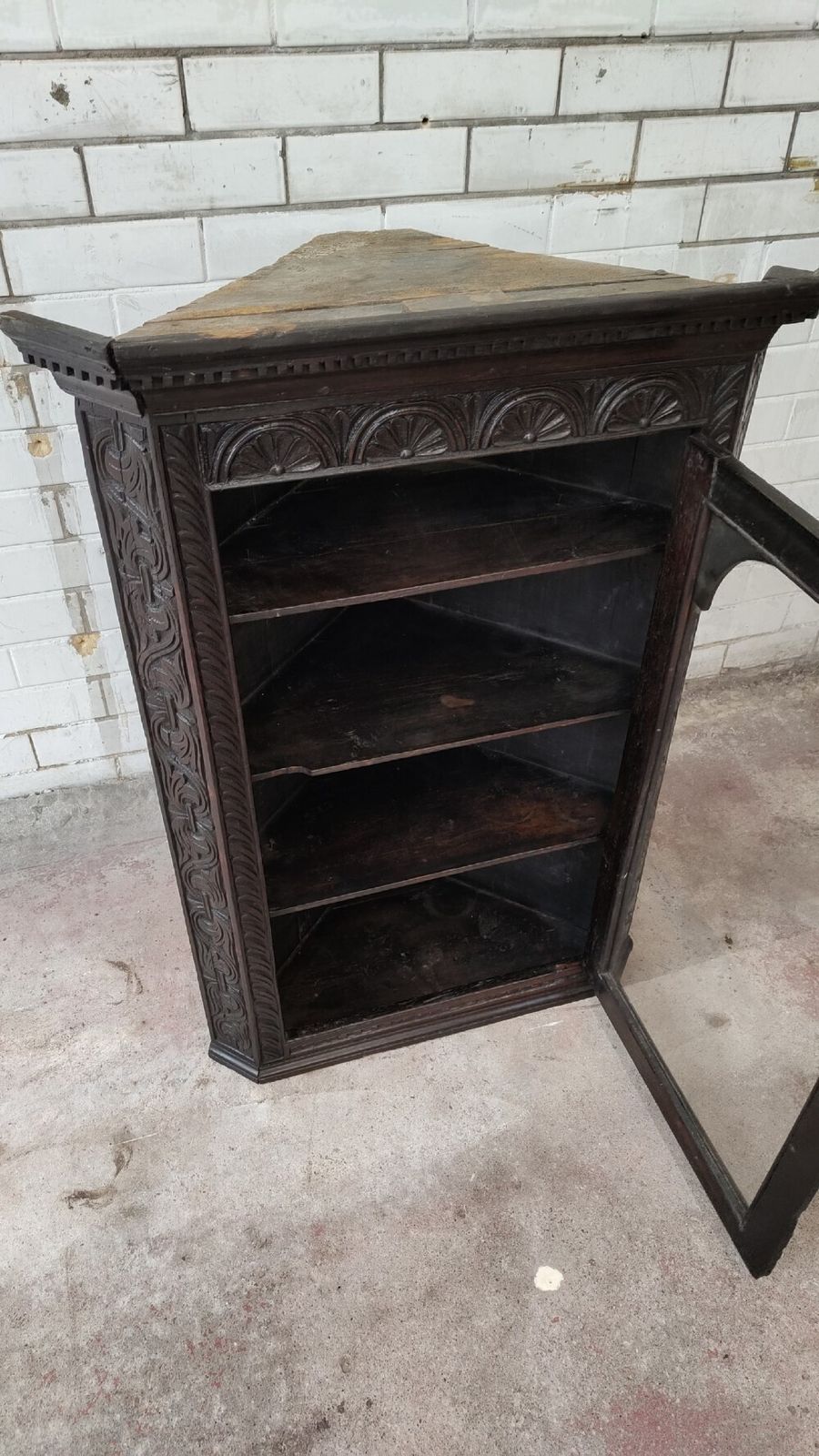 Antique Georgian Solid Dark Oak Hand Carved Corner Cupboard photo vintage