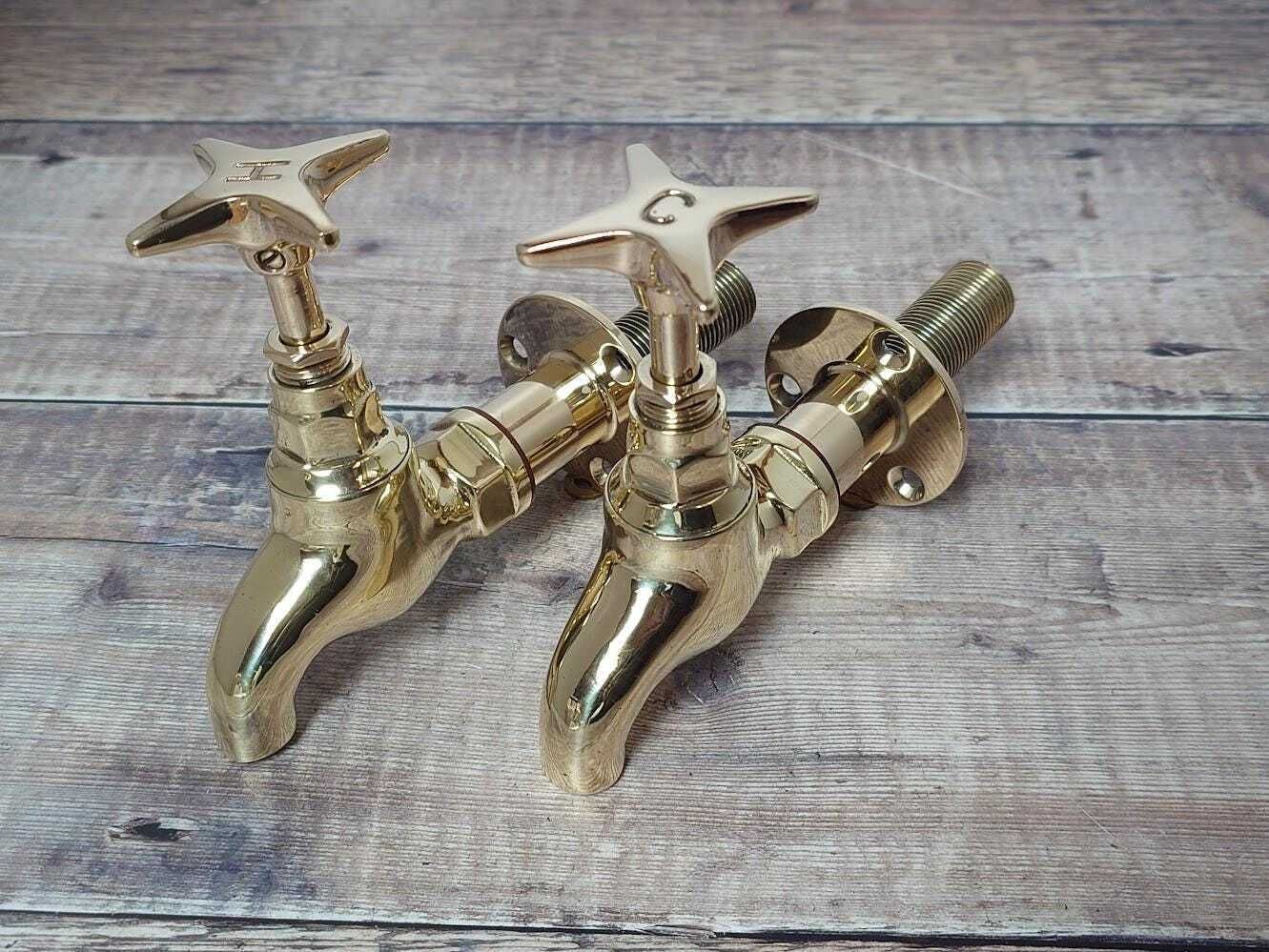 Antique Wall Mounted Brass Bib Taps, Vintage Brass Bib Taps, Ready To Fit Brass Taps, Wall Mounted Faucets photo furniture