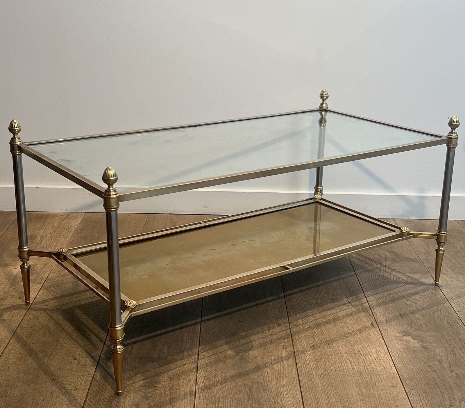 Brass Coffee Table With Clear Glass Top And Gold Eglomisé Mirror From Maison Jansen