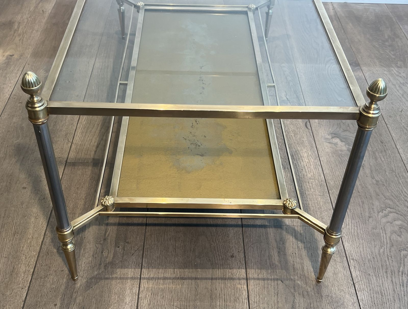 Brass Coffee Table With Clear Glass Top And Gold Eglomisé Mirror From Maison Jansen photo vinterior