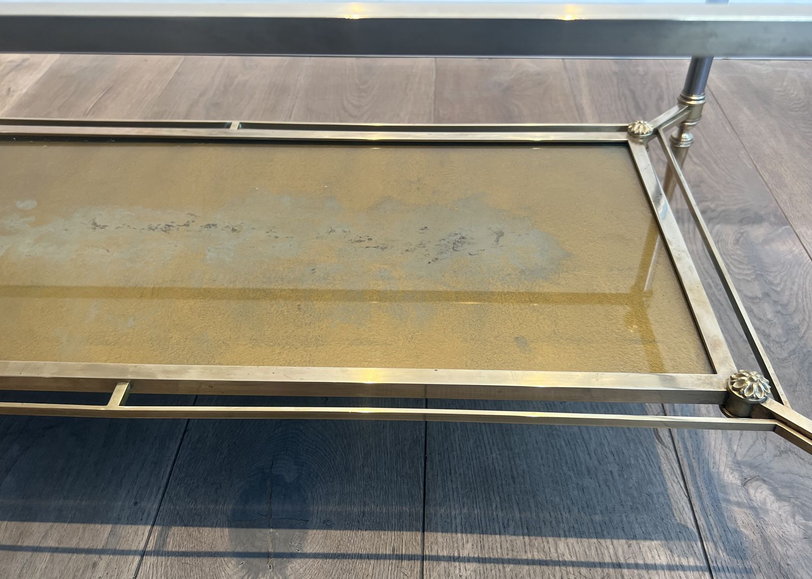 Furniture Brass Coffee Table With Clear Glass Top And Gold Eglomisé Mirror From Maison Jansen photo