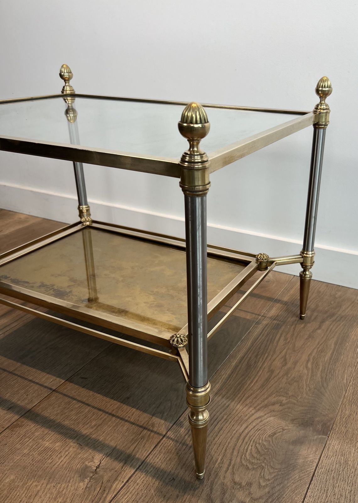 photo vintage Pair Of Neoclassical Style Steel And Brass Side Tables From Maison Jansen