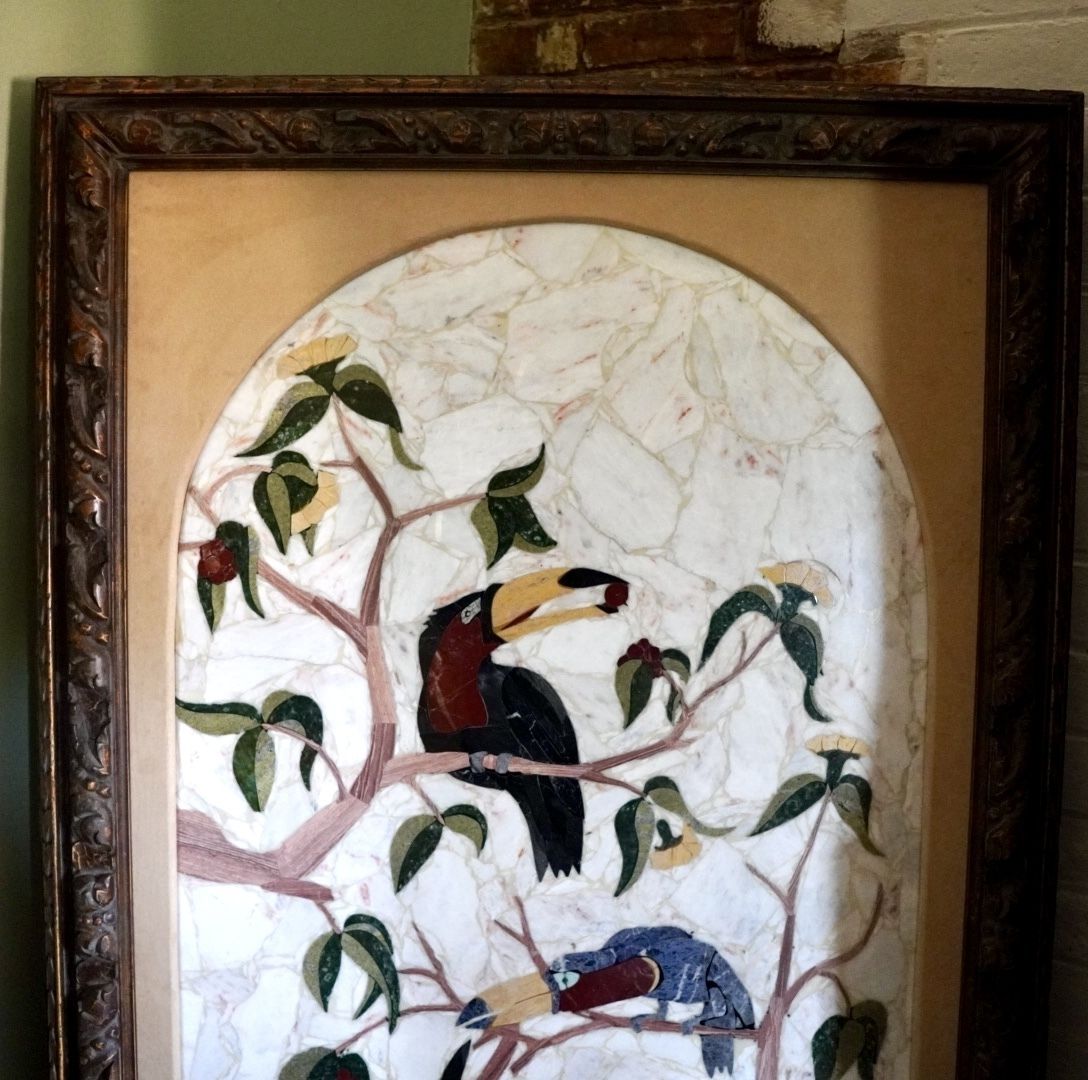 Large Pietre Dure Style Marble Panel Of Exotic Birds photo furniture