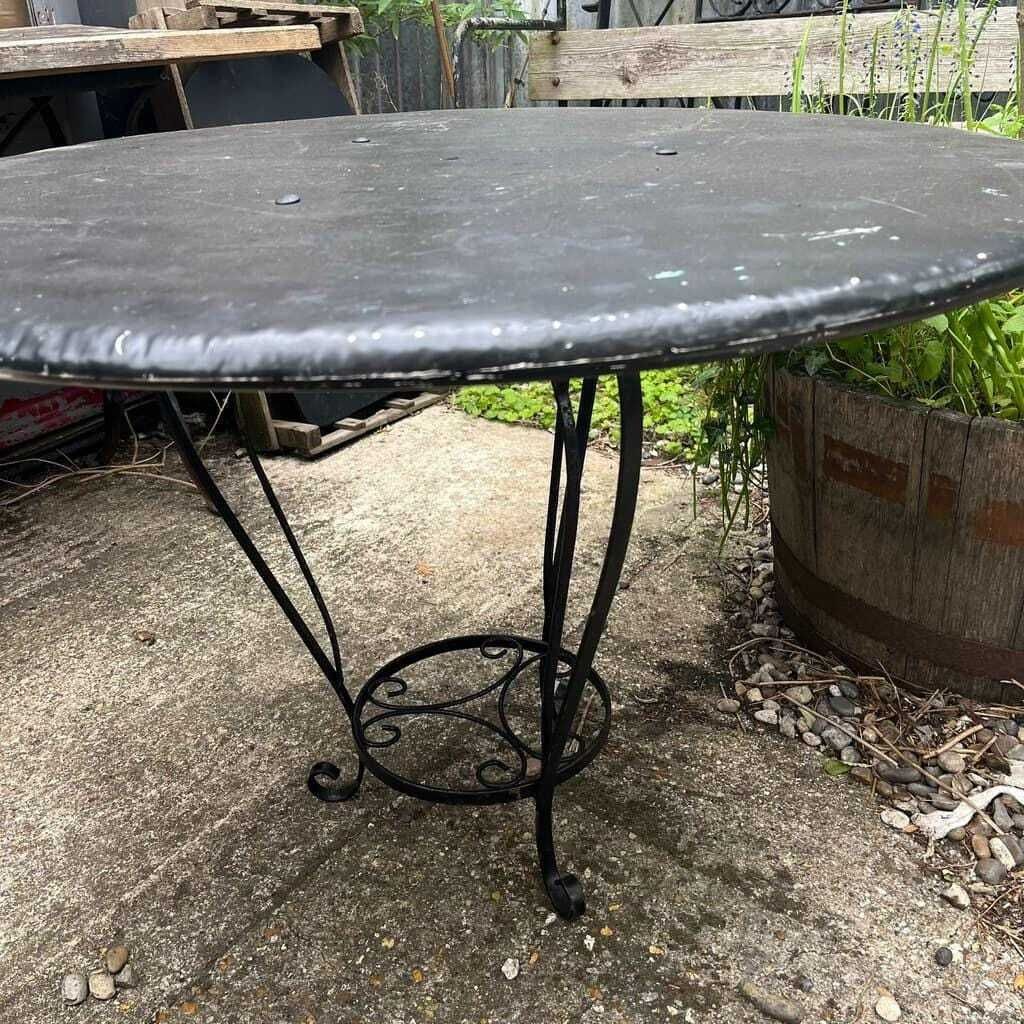 Black Metal Circular Garden Table Faded Clock Face Tripod Legs Ornate Shelf photo Garden Furniture