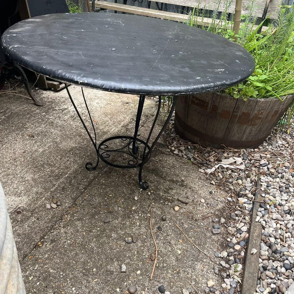 Black Metal Circular Garden Table Faded Clock Face Tripod Legs Ornate Shelf photo vintage