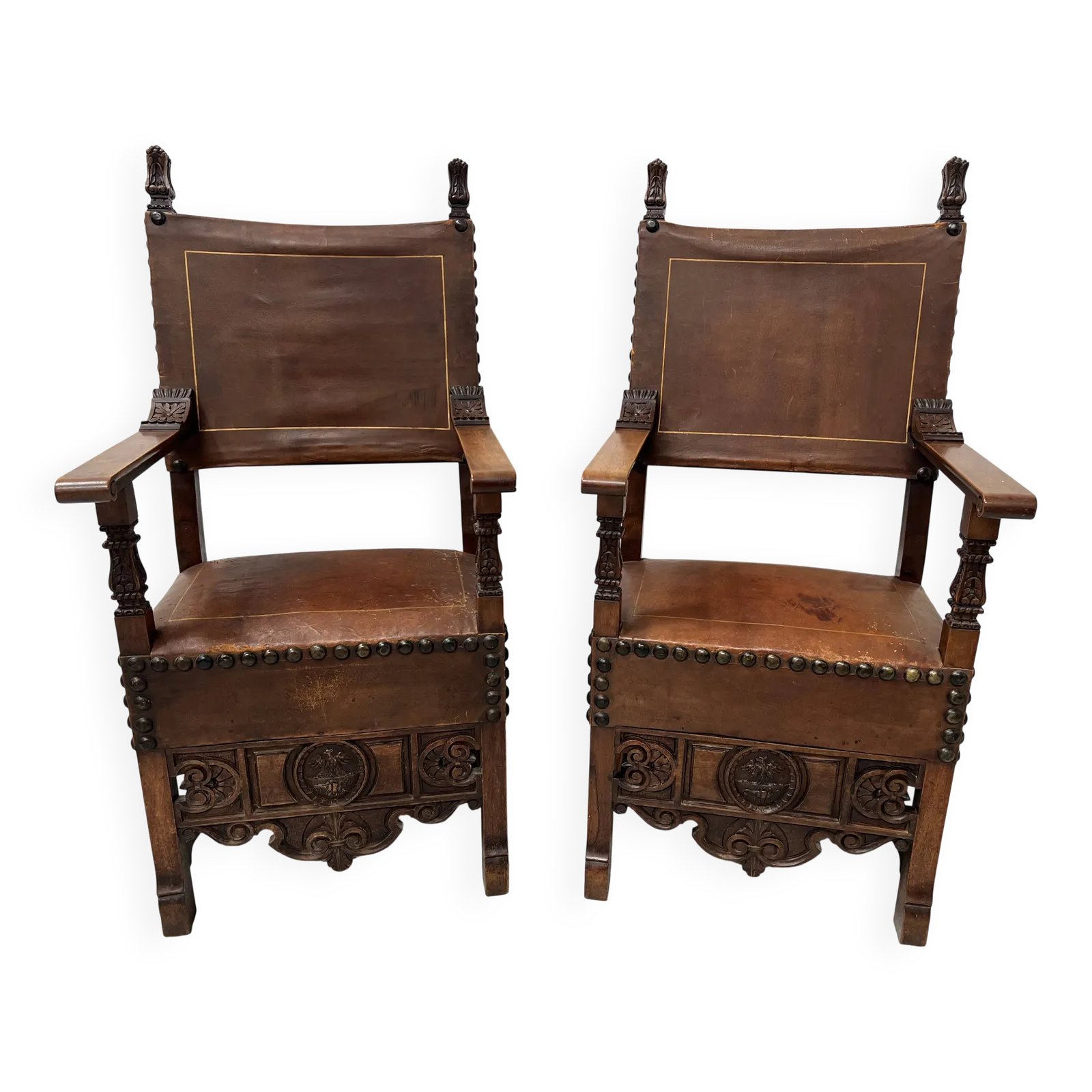 Pair Of Renaissance Style Armchairs In Walnut, 20th Century
