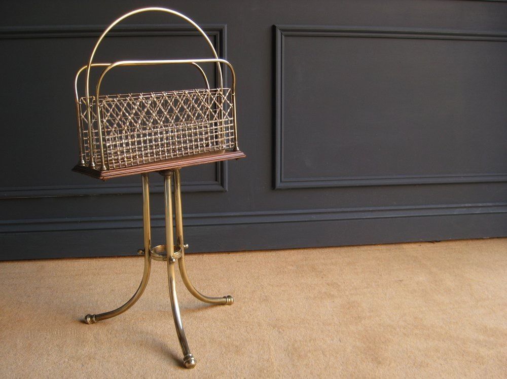 Revolving Oak And Brass Magazine Rack