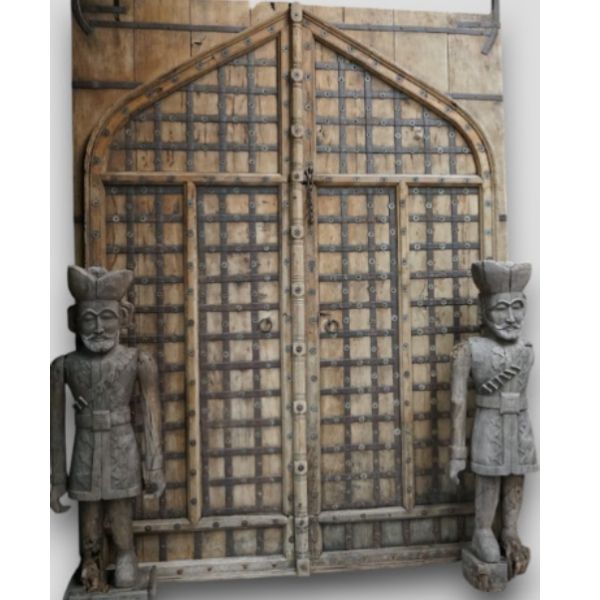 Antique Indian 18th Century Mughal Fort Door – Monumental Arched Teak Wood Entry With Hand Forged Iron Studwork | Indo Islamic Architectural Salvage photo furniture
