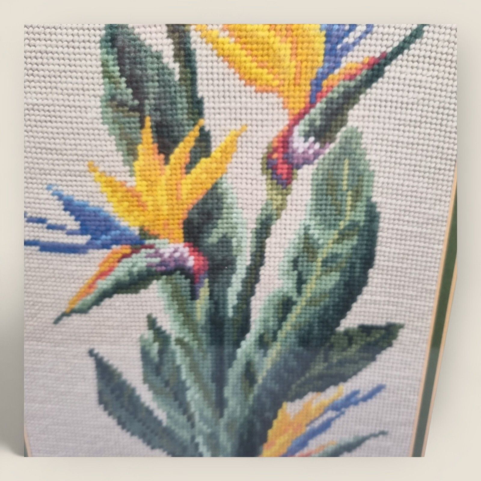 Vintage Cross Stitch Craft Embroidered Needle Birds Of Paradise Plant Framed photo furniture