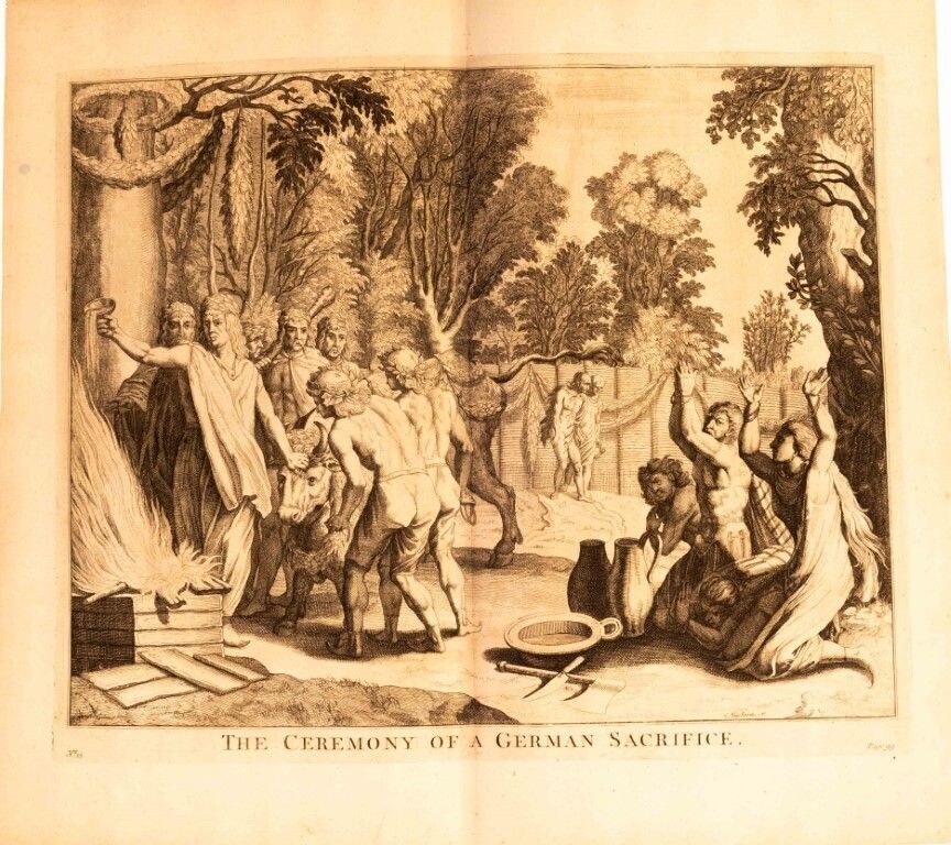 The Ceremony Of A German Sacrifice Antique Engraving 18th Century