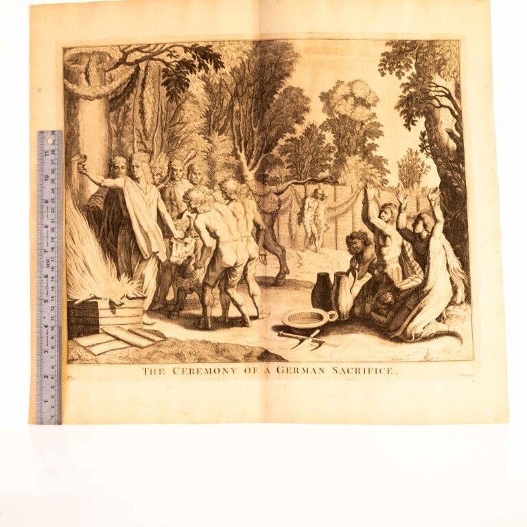 The Ceremony Of A German Sacrifice Antique Engraving 18th Century photo for sale