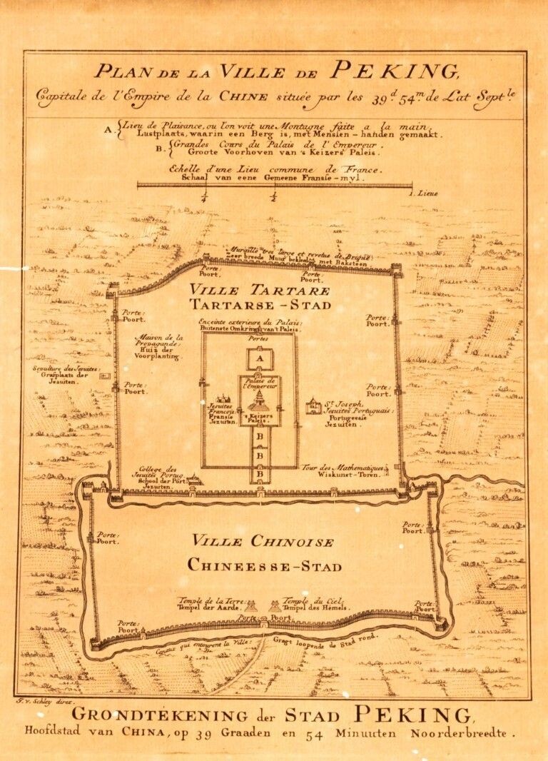 Antique 18th Century Engraving Map Dividing The Tartar City And The Chinese City, By Jacques Nicolas Bellin Ca. 1748