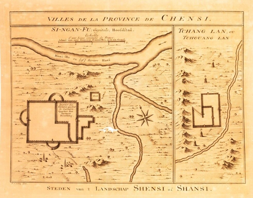 Antique 18th Century Engraving Map Depicting Cities In The Shaanxi Province Of China, By Jakob Van Schley, Ca. 1749