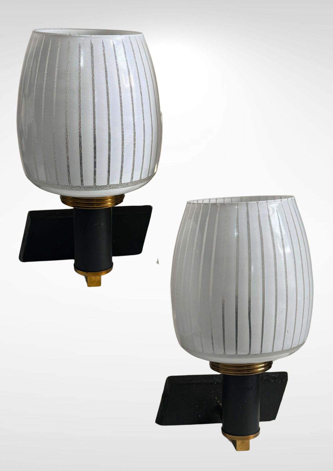 Pair Of Mid Century Italian Frosted Glass And Brass Wall Sconces photo vintage
