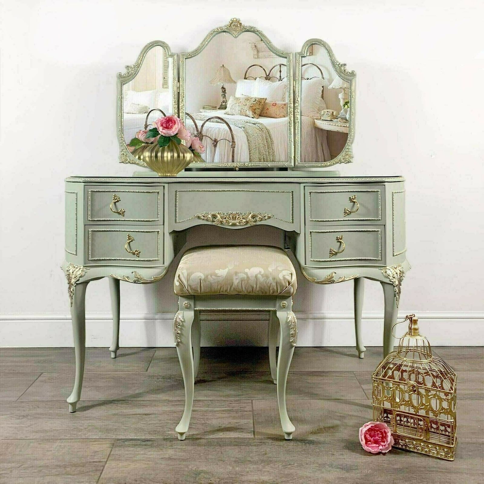 French Style Green Louis Olympus Dressing Table, Vintage Hand Painted Romantic Dressing Table, Champagne Trim, Bedroom Furniture & Stool