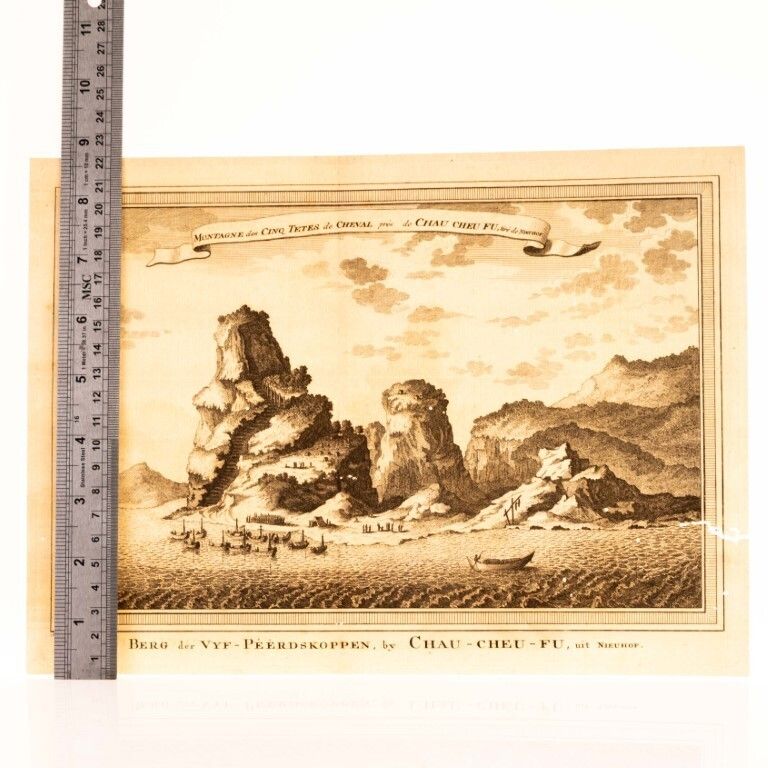 Antique 18th Century Engraving Titled “Mountain Of The Five Horse Heads, Near Chau Cheu Fu” By Jacques Nicolas Bellin photo for sale