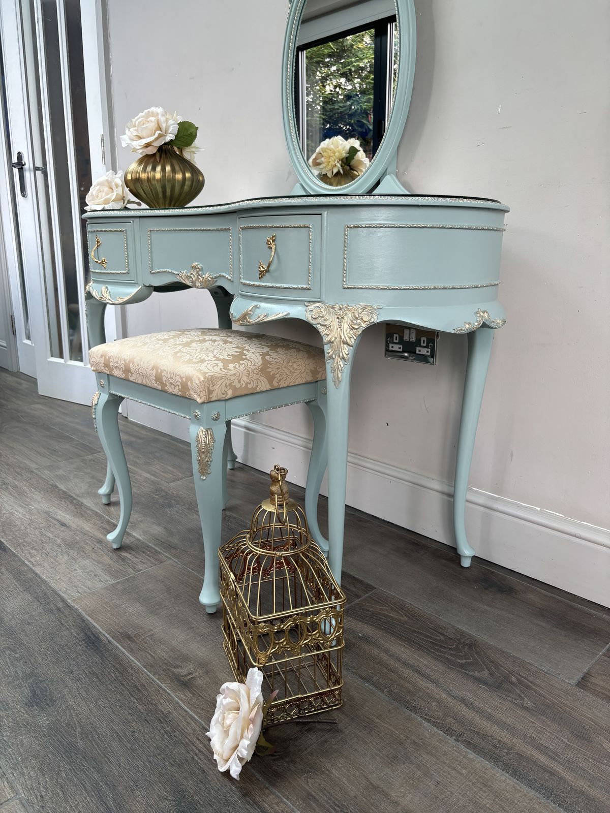 Blue Louis Dressing Table With Mirror And Stool photo vintage