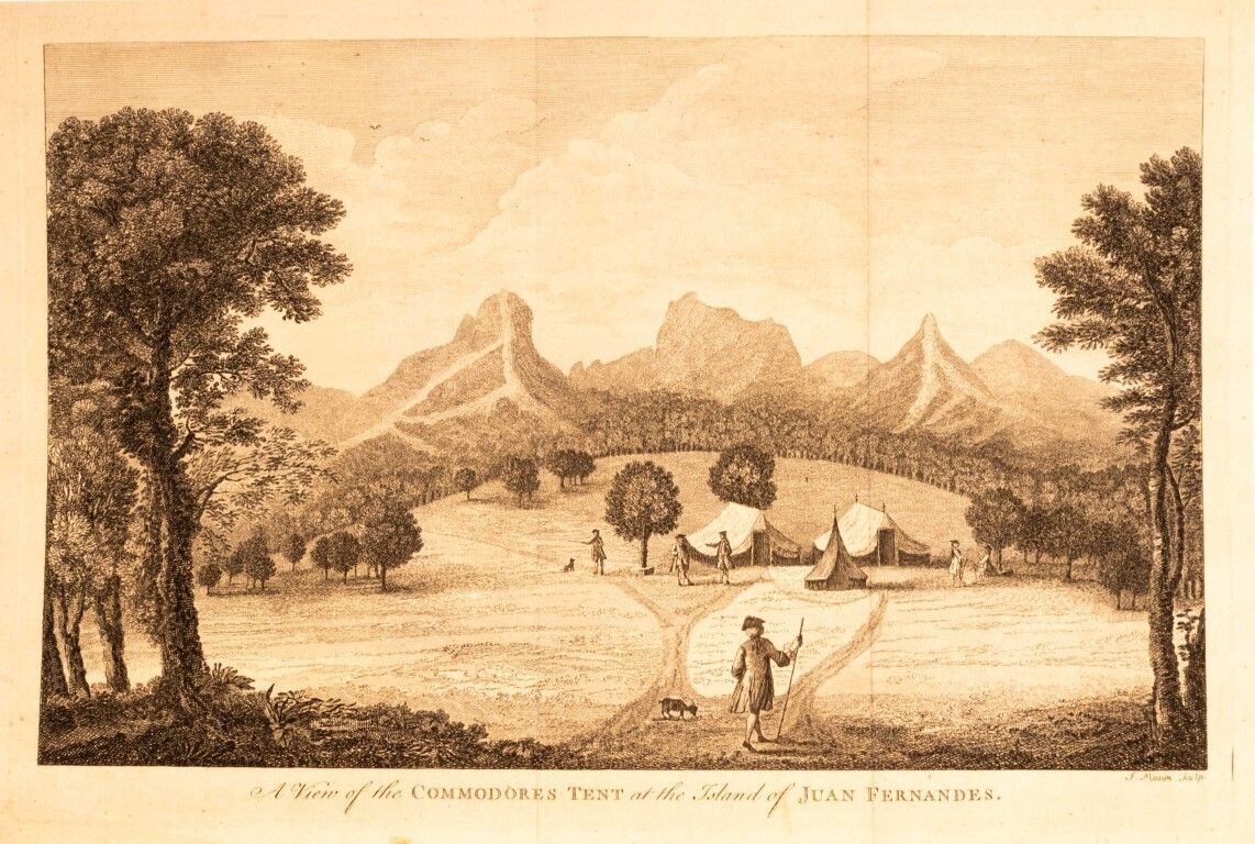 Antique 18th Century Engraving Titled “A View Of The Commodore’s Tent At The Island Of Juan Fernandes”