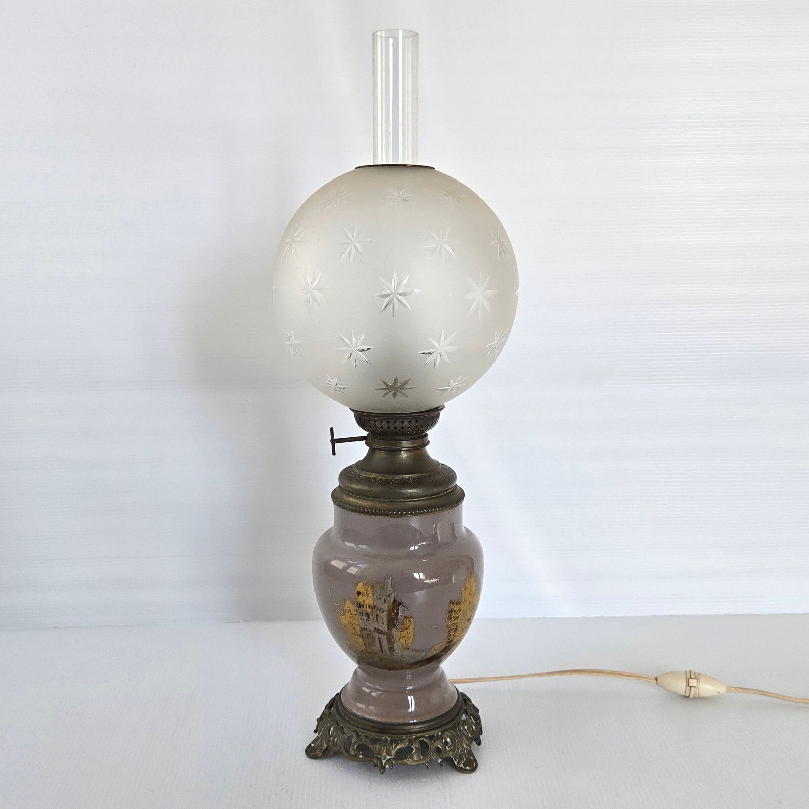Antique Electrified Oil Lamp Late 19th Century Bronze Ceramic & Glass