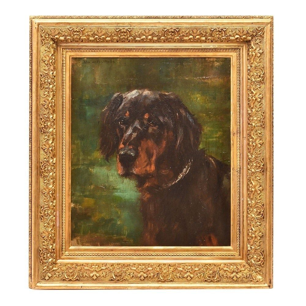 Antique Painting, Black Dogs Portrait, Setter Gordon, Oil On Canvas, 19th Century. (Qa660)