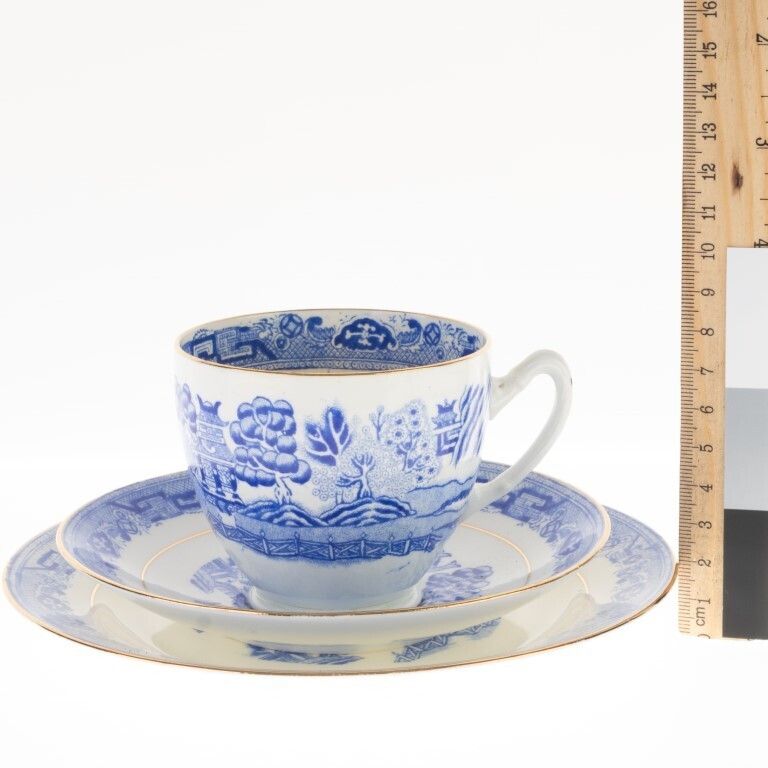 Antique Victorian Blue Willow Porcelain Ceramic Teacup Trio Bridgerton Taylor Kent photo for sale