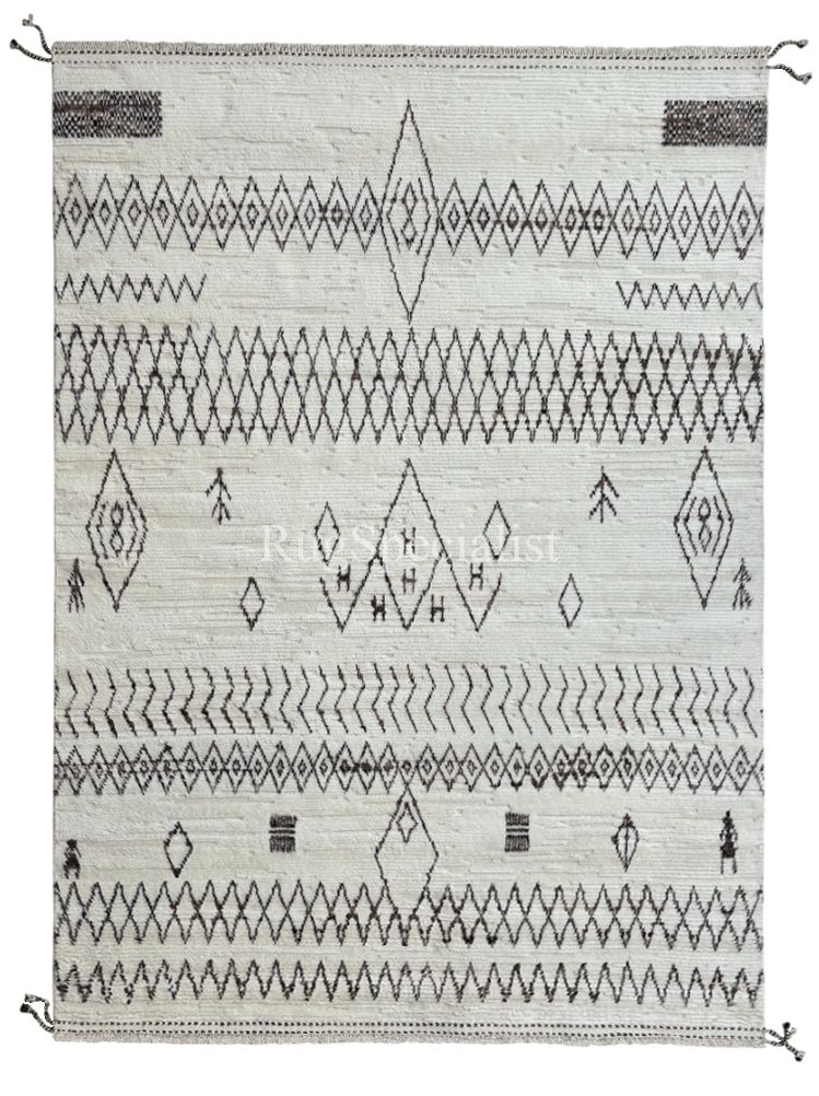 275x365 Cm Hand Knotted Moroccan Berber Rug. Vintage Beni Ourain Carpet. 100% Natural Un Dyed Wool. 9x12 Ft