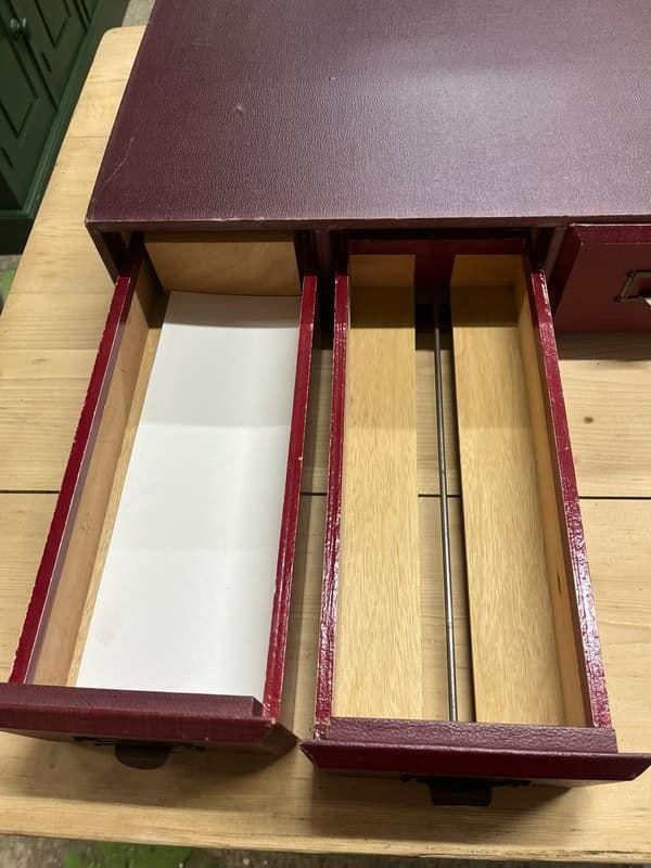 Vintage 6 Red Faux Leather Covered Filing Drawers Brass Handles Label Holders photo for sale
