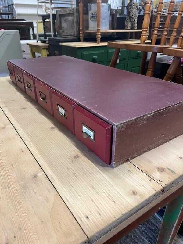 photo for sale Vintage 6 Red Faux Leather Covered Filing Drawers Brass Handles Label Holders