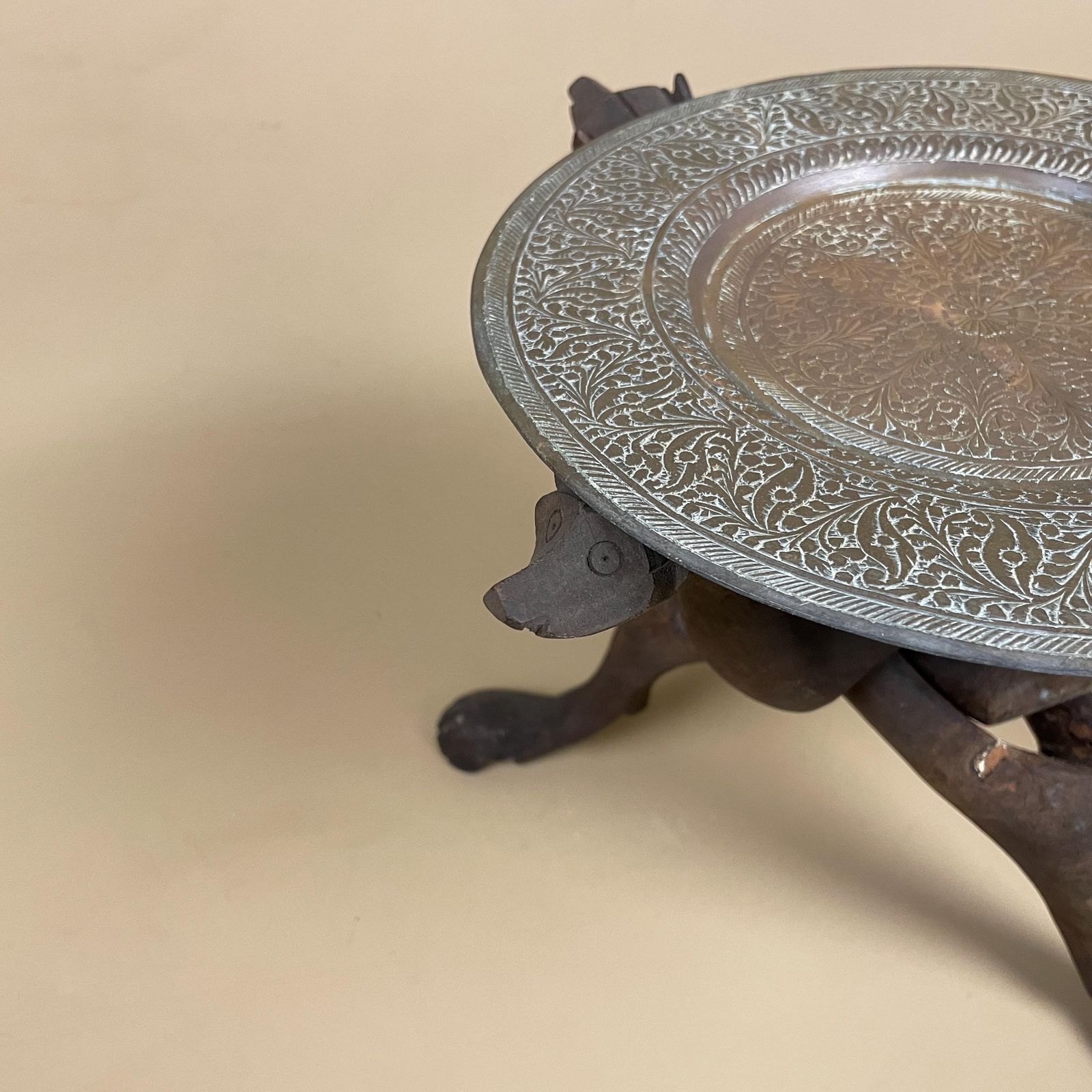 Antique Mini Metal Brass Plant Stand Indian Table Top Handmade Patterned Intricate Decorative Vintage Wood Wooden Stand Tray Animal Face photo vintage
