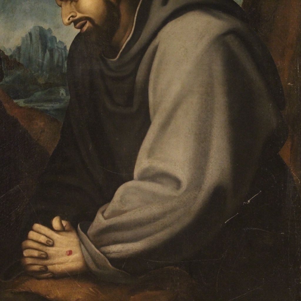 Antique Italian Religious Painting Saint Francis From 18th Century photo vinterior