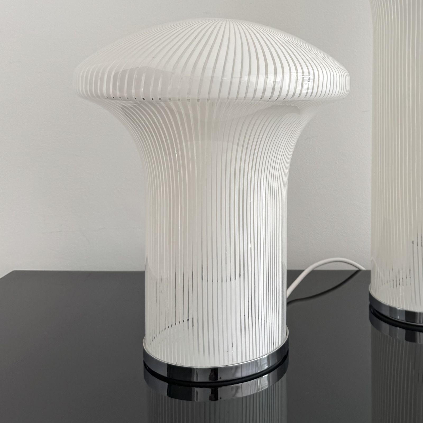 A Classic Boletus White And Clear Murano Glass Lamp.  Designed By Mario Ticco For Venini In 1971.
