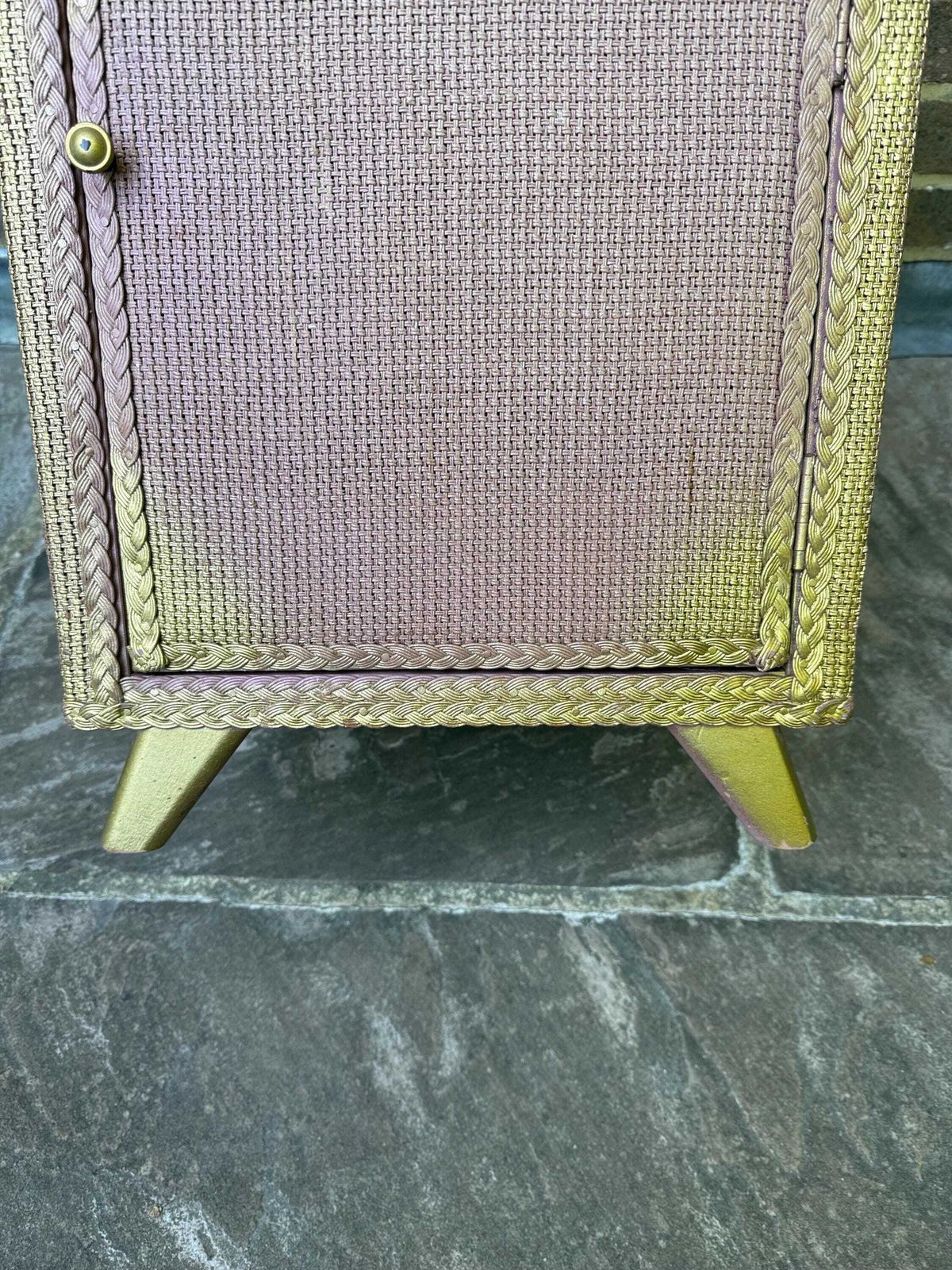 Vintage 1950s Lloyd Loom Style Bedside Cupboard, Pink & Gold Painted Woven Cabinet photo buy