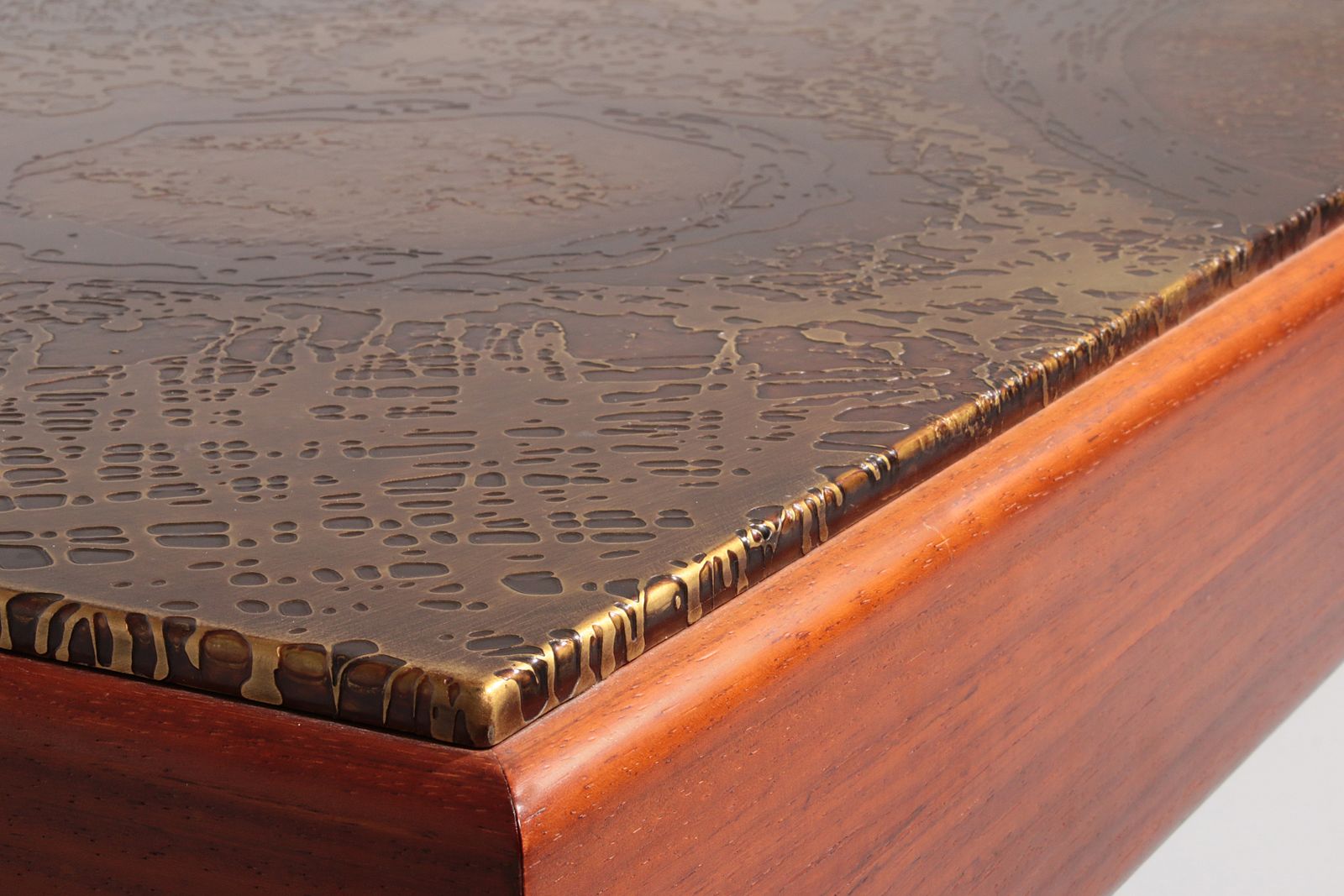 photo furniture Brutalist Coffee Table With Copper Top And Wooden Base 1970