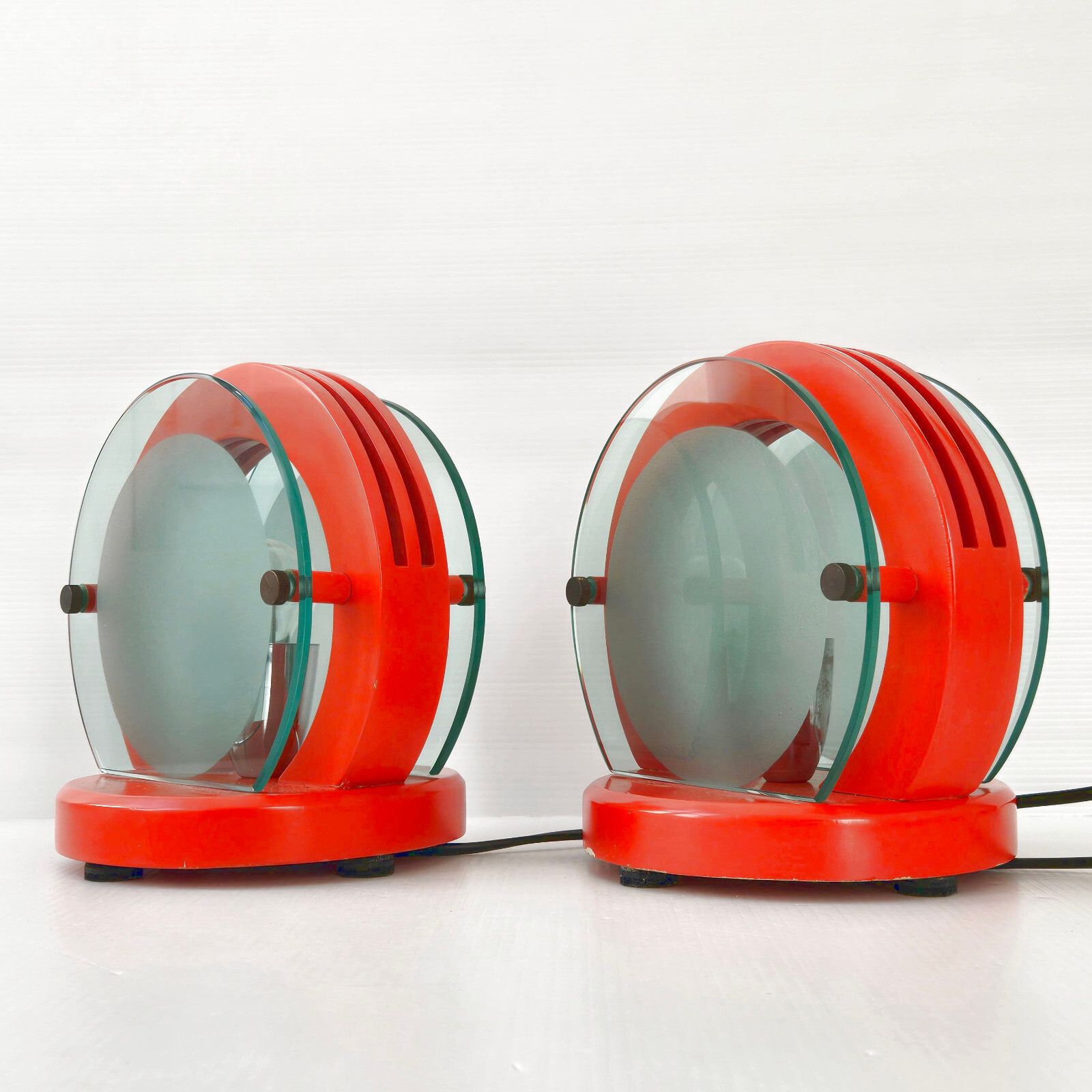 Pair Of Vintage 1970 Orange Wood Lacquer Orange & Glass Lamps 70s Space Age