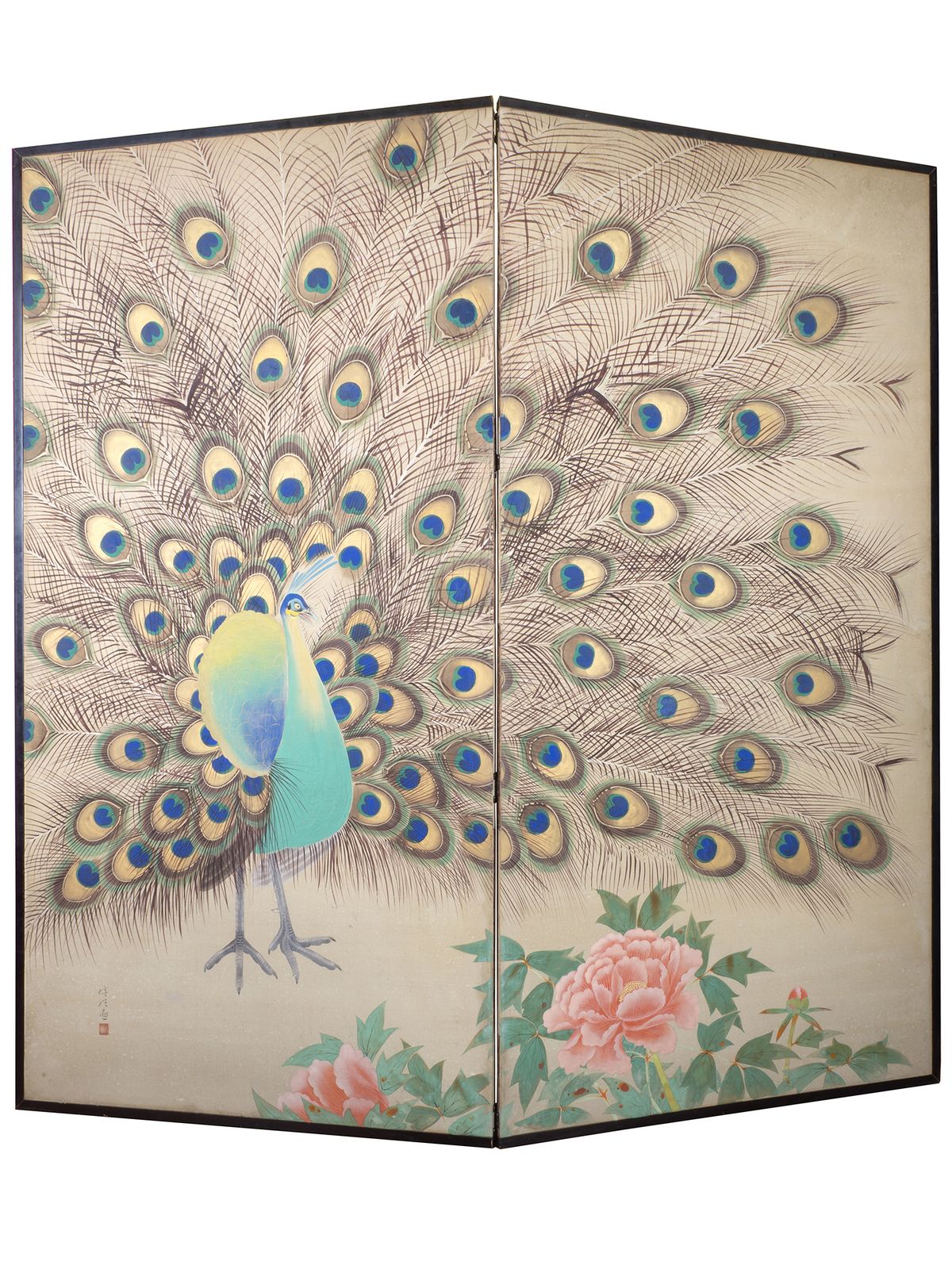Two Fold Byobu Screen With Peacock And Flowers By Tokiaki