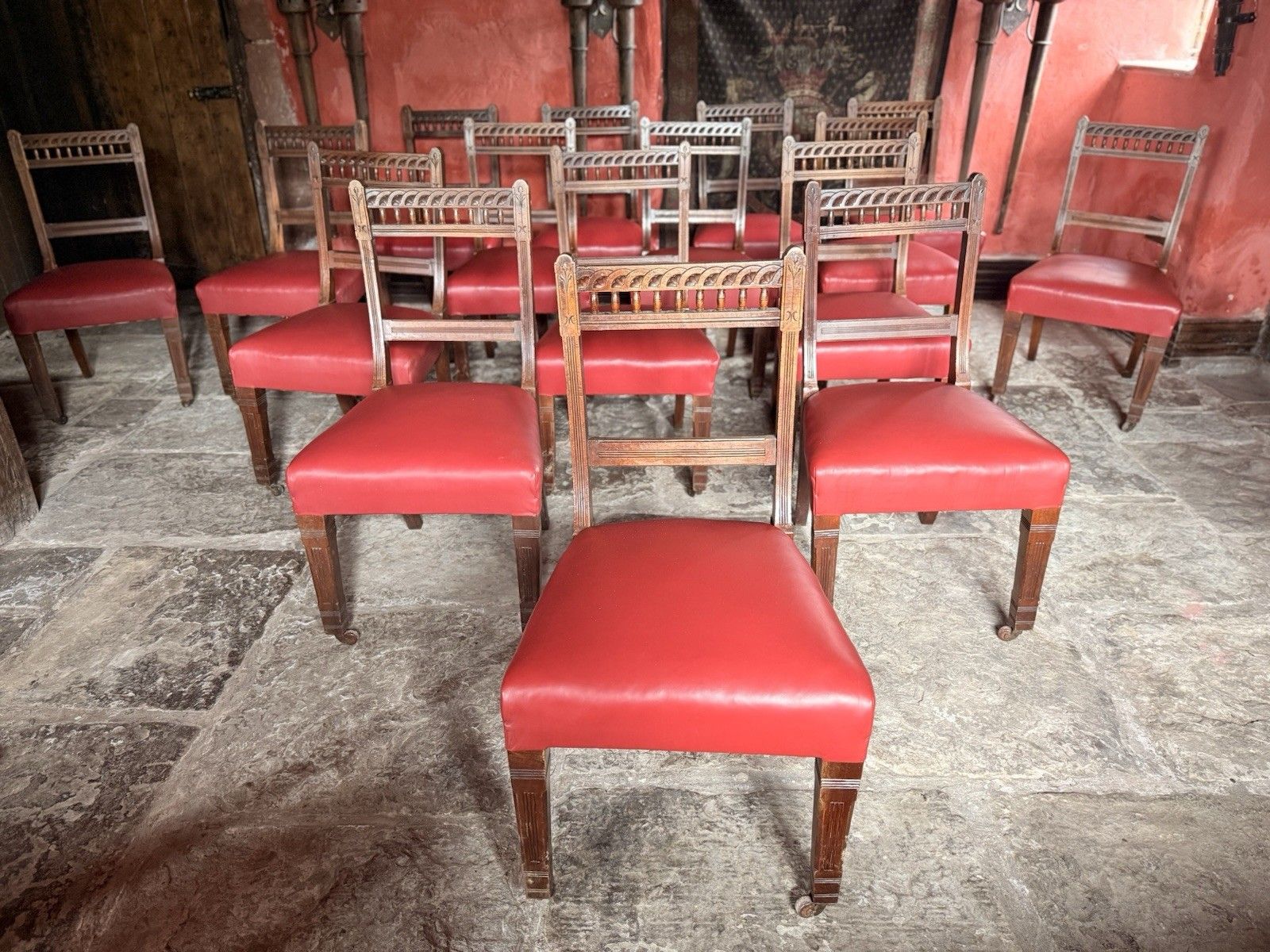 Large Set Of 16  Antique  Arts & Craft Mahogany Red Leather Diner Dining Chairs