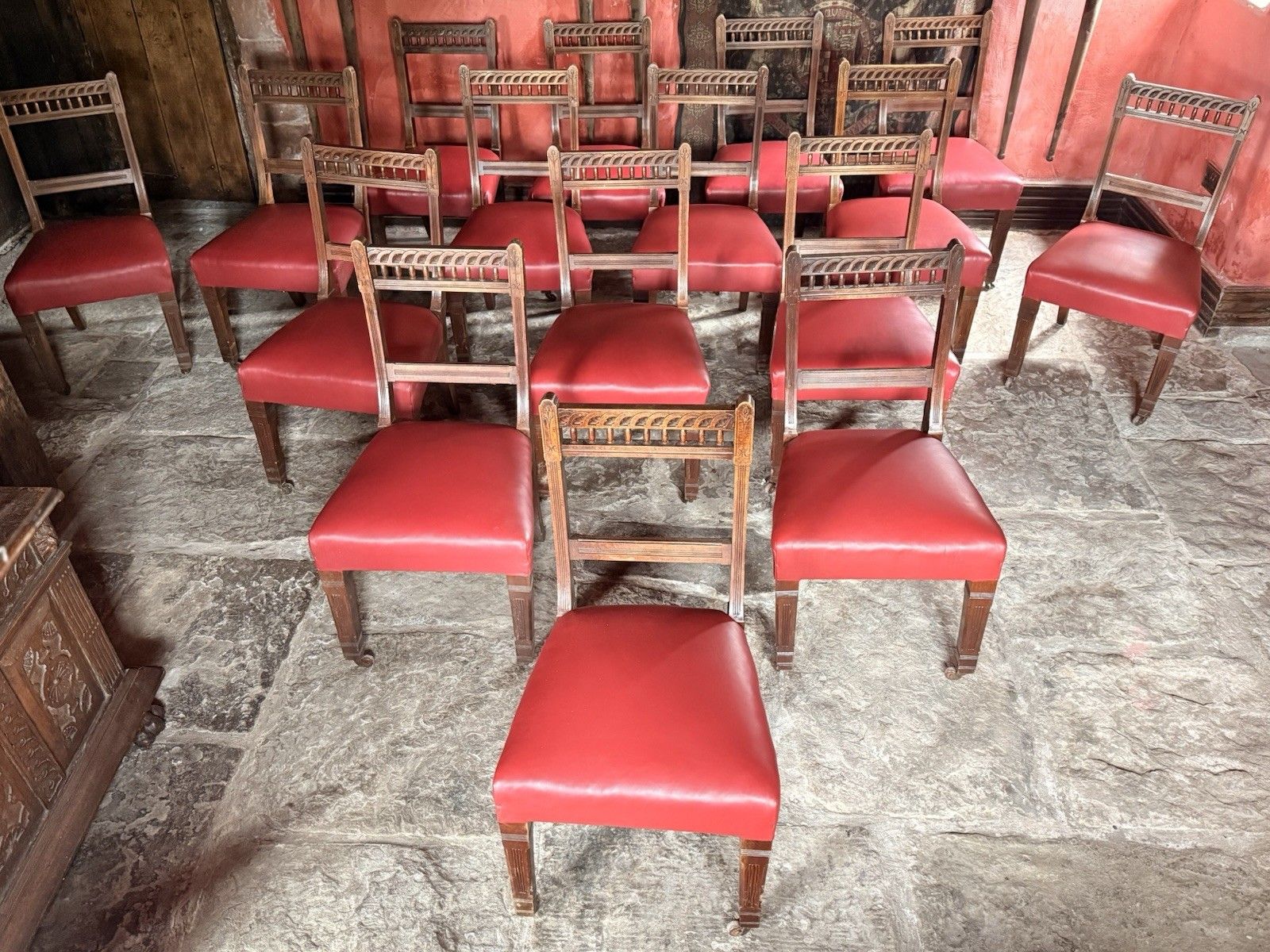Large Set Of 16  Antique  Arts & Craft Mahogany Red Leather Diner Dining Chairs photo furniture