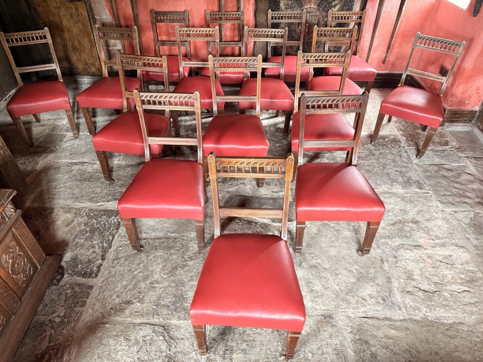 Large Set Of 16  Antique  Arts & Craft Mahogany Red Leather Diner Dining Chairs photo Furniture