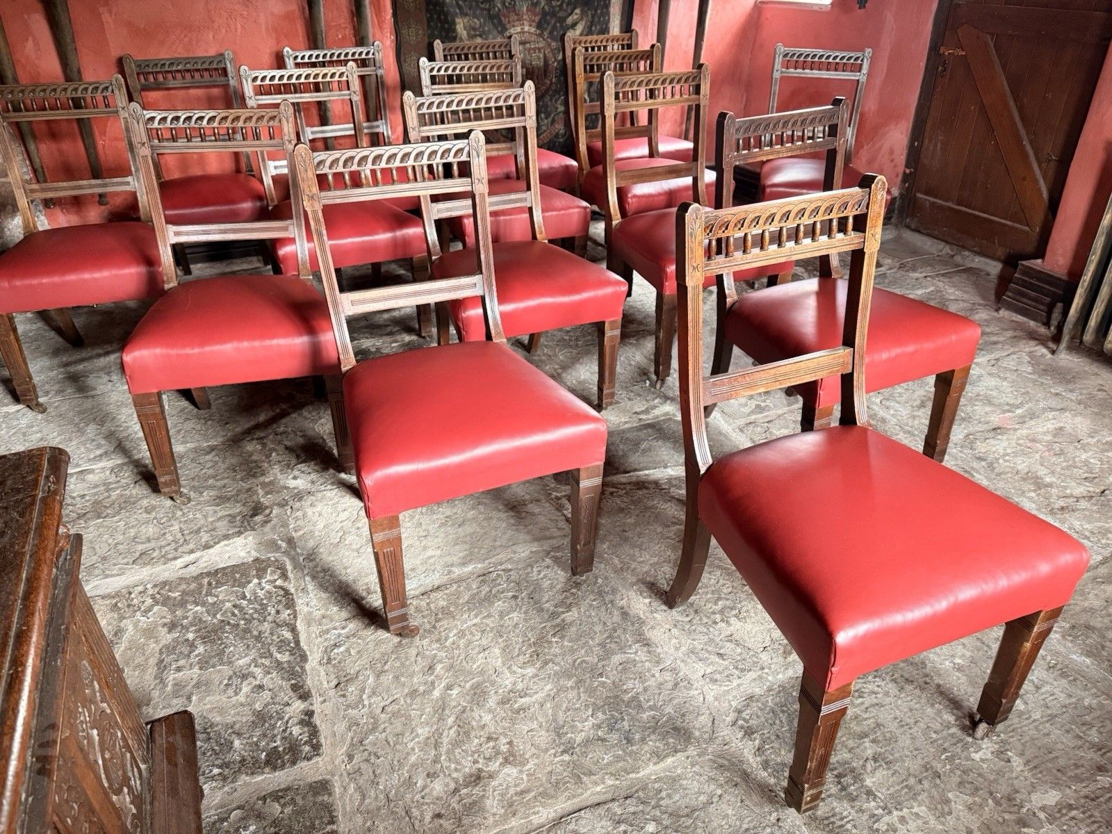 Large Set Of 16  Antique  Arts & Craft Mahogany Red Leather Diner Dining Chairs photo vinterior