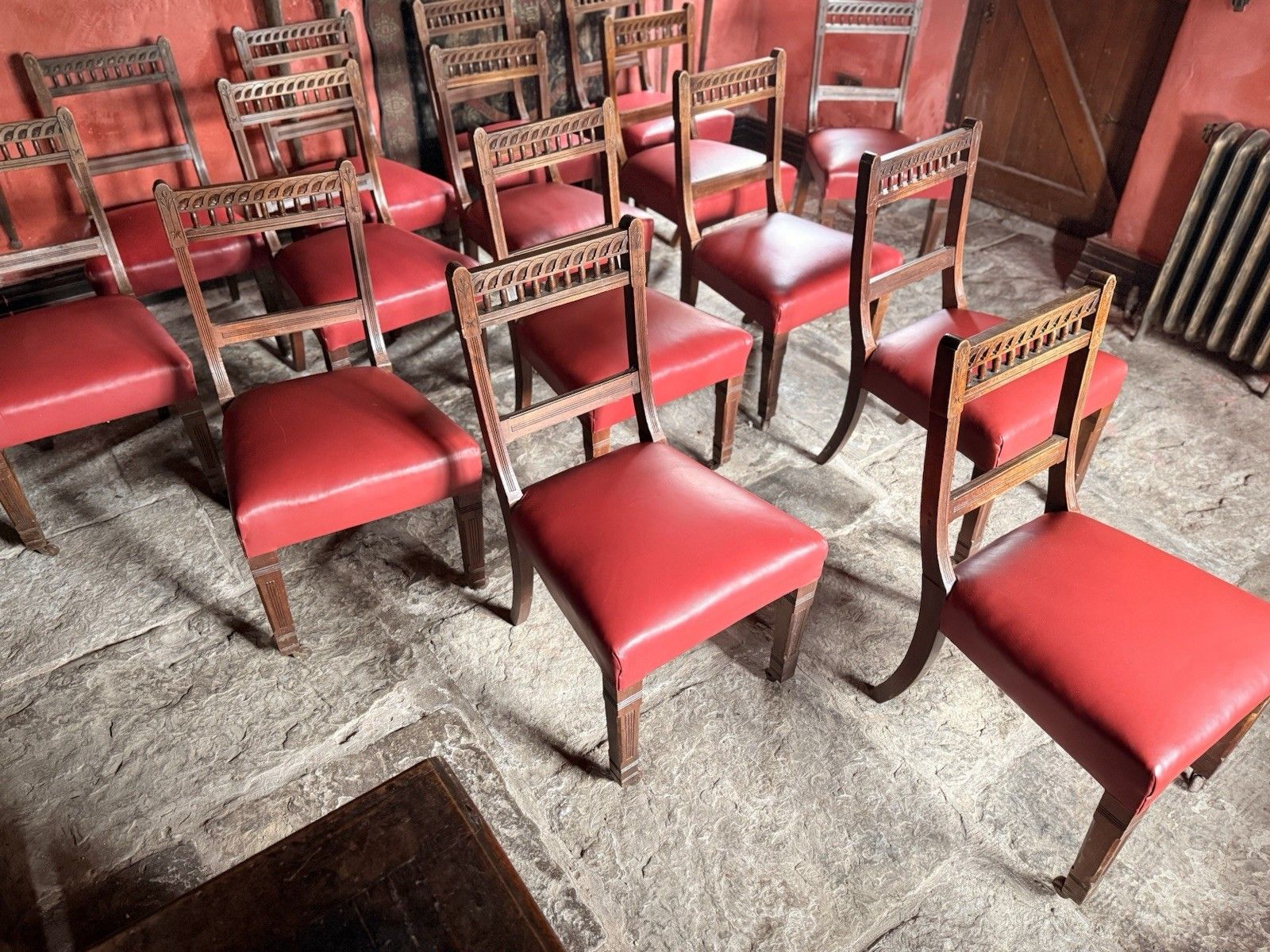 photo furniture Large Set Of 16  Antique  Arts & Craft Mahogany Red Leather Diner Dining Chairs