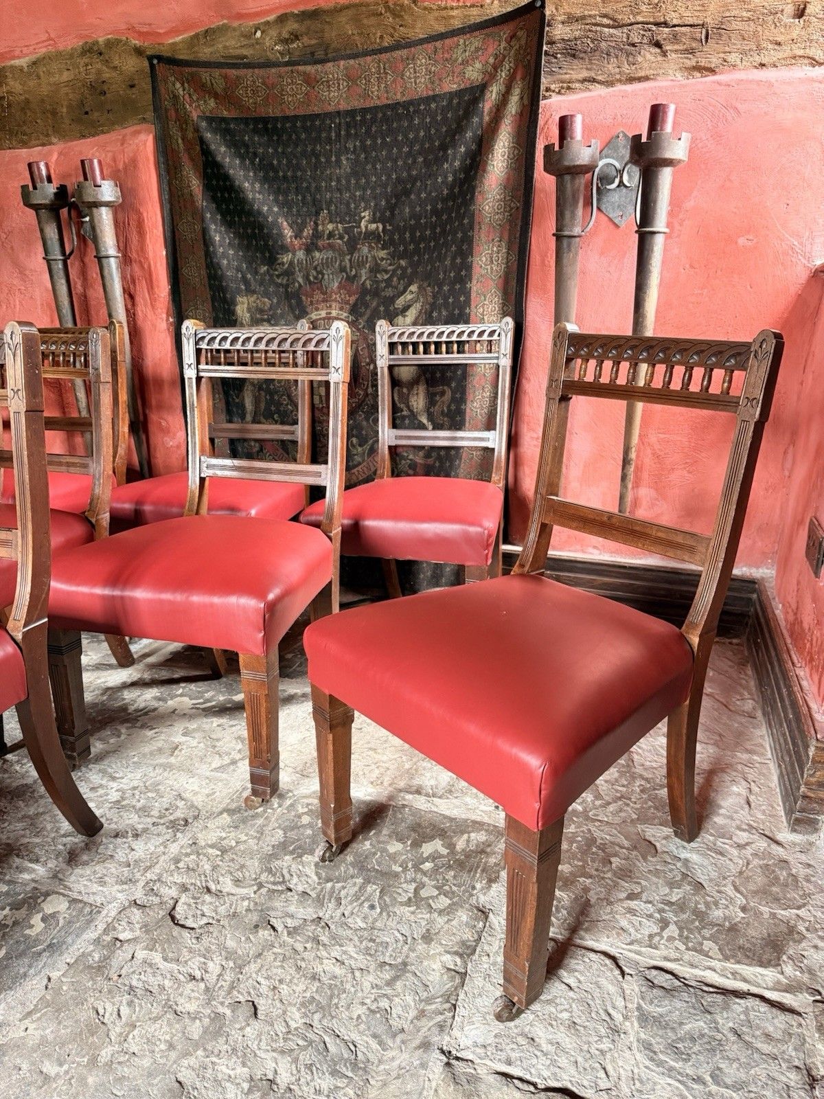 photo buy Large Set Of 16  Antique  Arts & Craft Mahogany Red Leather Diner Dining Chairs