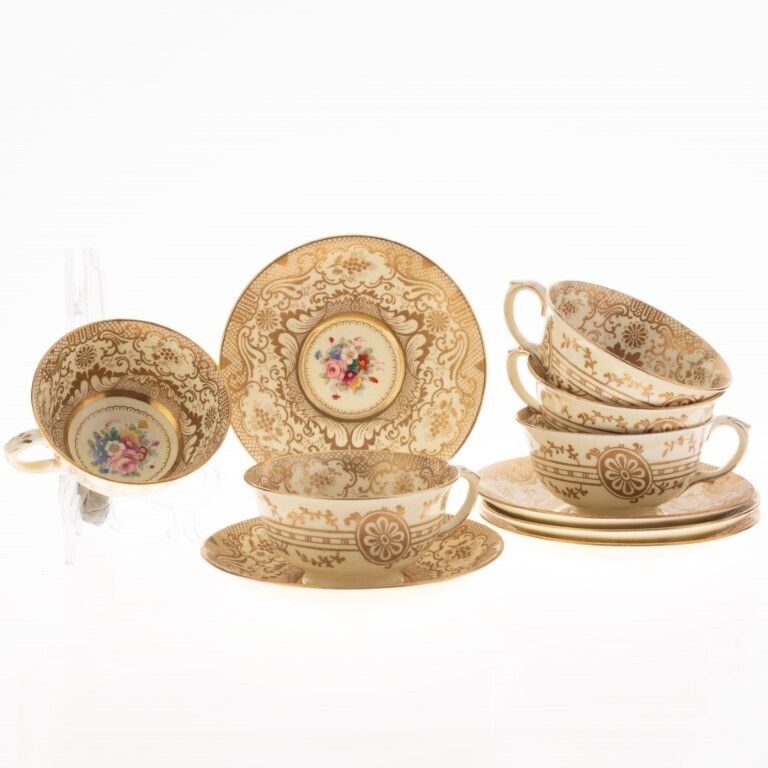 Five Antique Crown Staffordshire Gilt Porcelain Teacups