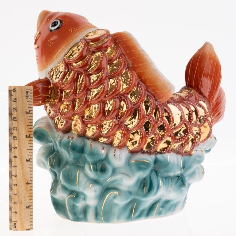Chinese Polychrome Hand Painted Koi Fish Porcelain Ceramic Sculpture photo for sale