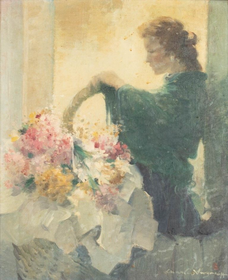 Signed Oil Painting On Canvas Depicting A Woman With Flower Basket